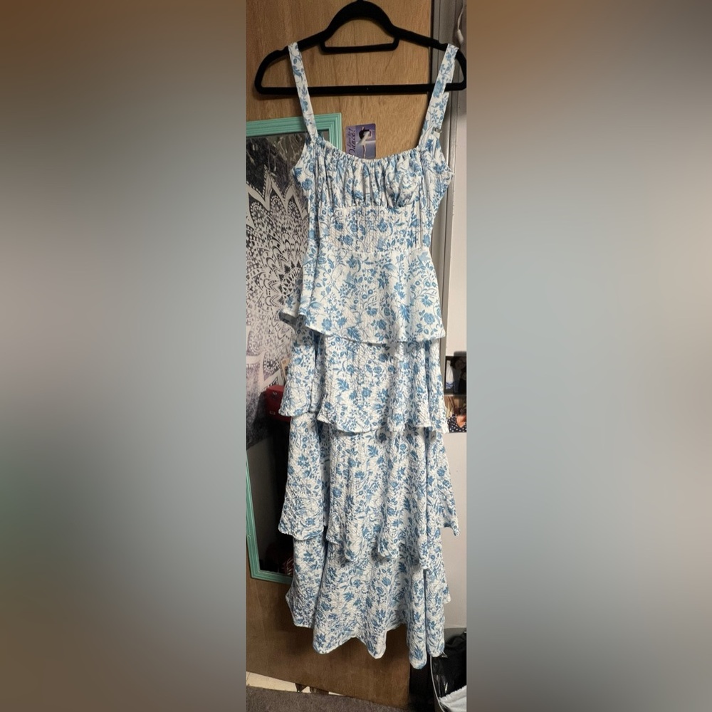 White and Blue Tiered Ruffled Maxi Sundress